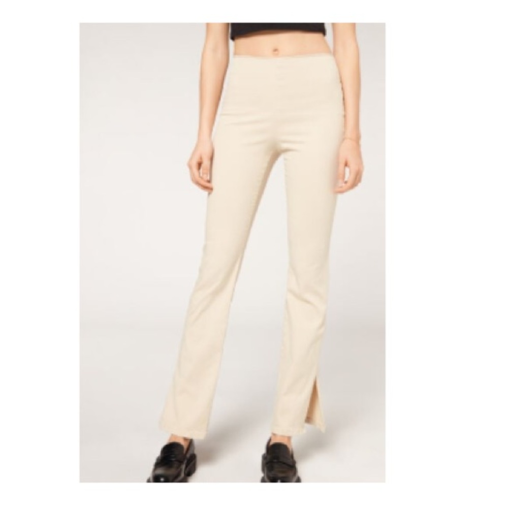 BNWT Caledonia Cream Beige High-Waist Flared Leggings Denim Paints w Slits Ends